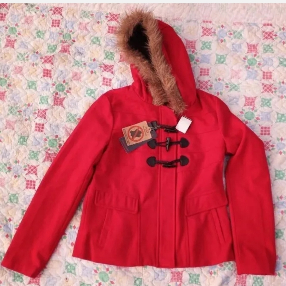 YOKI Red Jacket Coat w/Hood-Faux Fur Trim-10%Wool/90%Poly Body-Size Med.-NEW-NWT